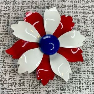 Vintage Enamel Flower Pin Red White Blue Patriotic Brooch Perfect Condition